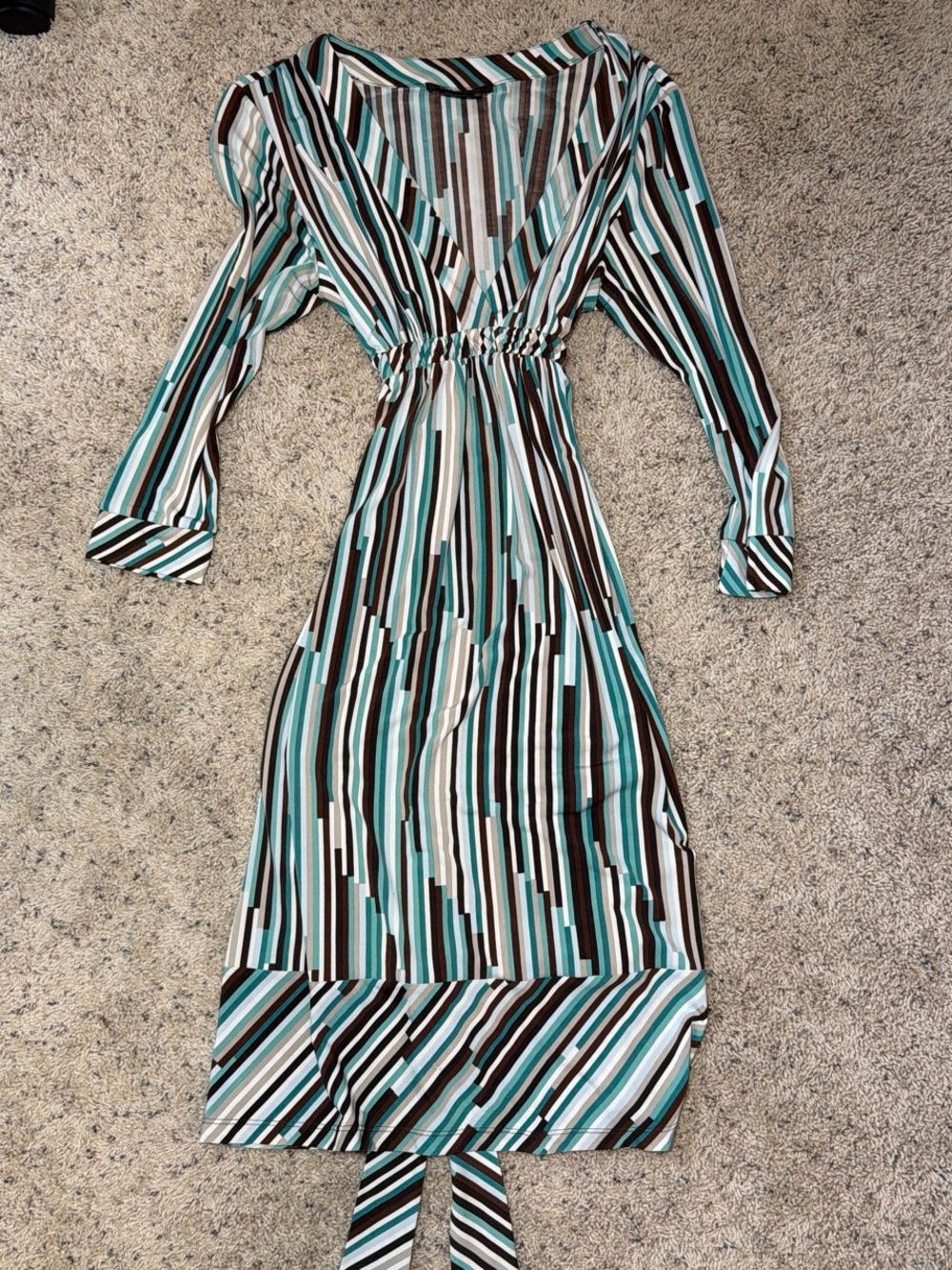 BCBGMaxAzria y2k Teal, White & Brown Striped V-Neck Long Sleeve Midi Dress